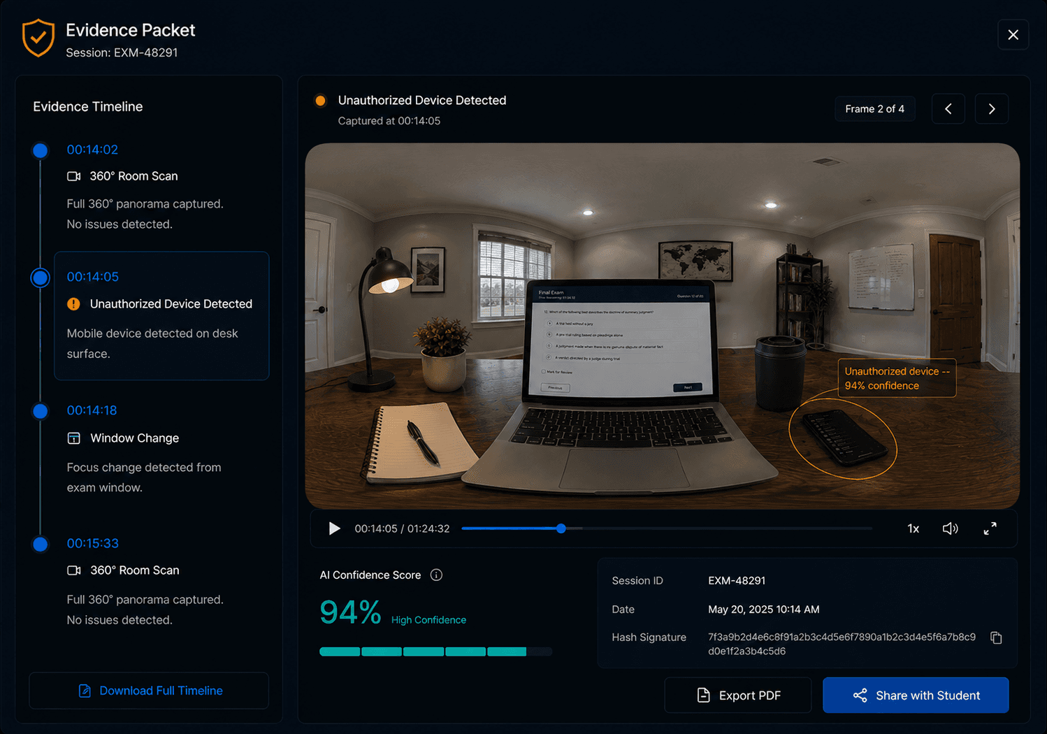 Sealed evidence packet with a timeline of session events, a flagged frame highlighting an unauthorized device at 94 percent AI confidence, and a hash signature awaiting human review