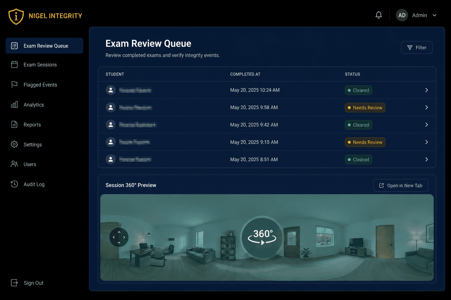 Nigel Integrity review dashboard showing an exam review queue with cleared and needs-review sessions above a 360-degree session preview