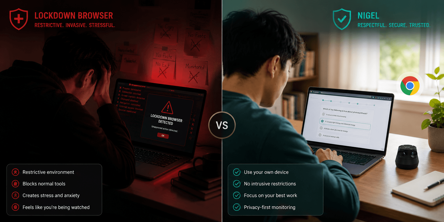 Side-by-side comparison: a stressed student blocked by a restrictive lockdown browser versus a student calmly taking an exam in standard Chrome with Nigel's privacy-first monitoring